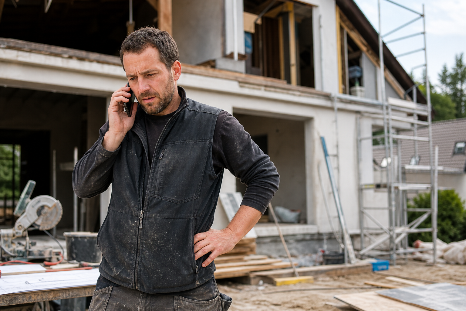 Handwerker nutzt ein Handy auf einer Baustelle